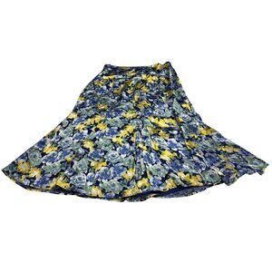 White House Black Market Floral Midi Skirt Womens Size 12 Blue Yellow Silk Linin